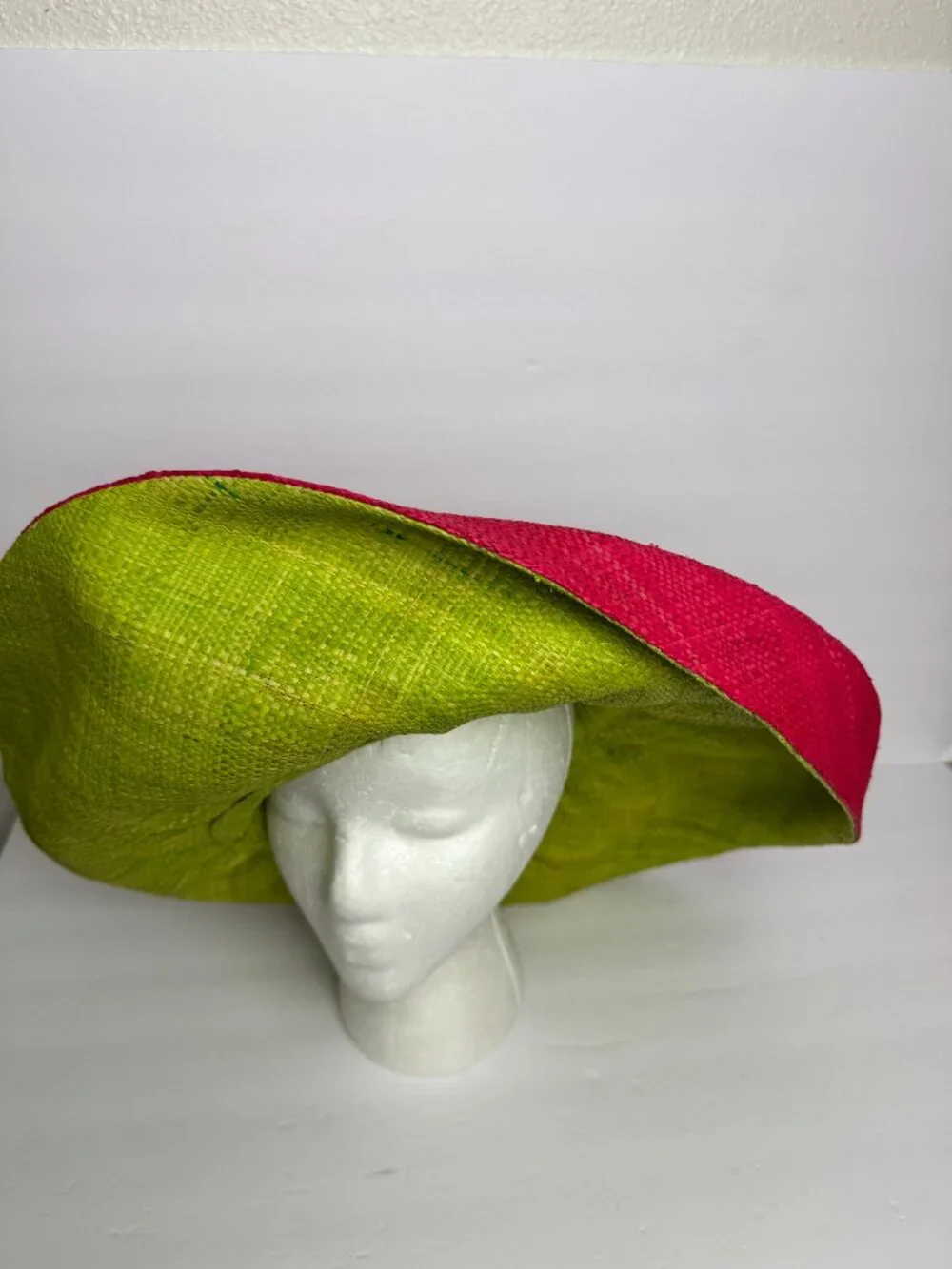 Hand Woven Madagascar Big Brim RAFFIA Sun Hat Pink & Neon Green  Sz XL 23.5" - Picture 7 of 12